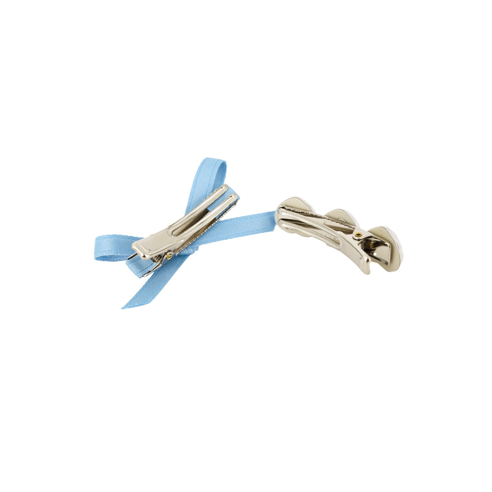 Blue ribbon + silver triple heart hairpin SET