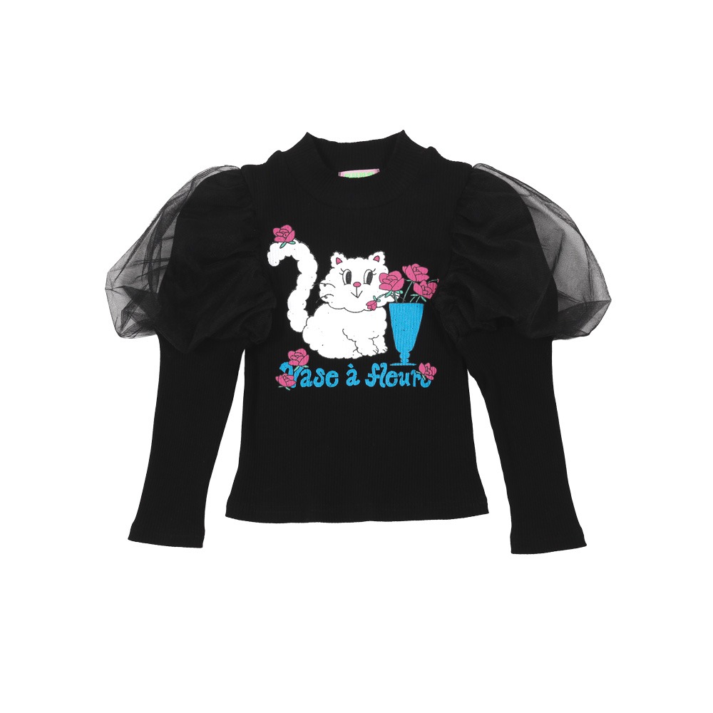 [바로배송] Rose cat puff t-shirt (BLACK)